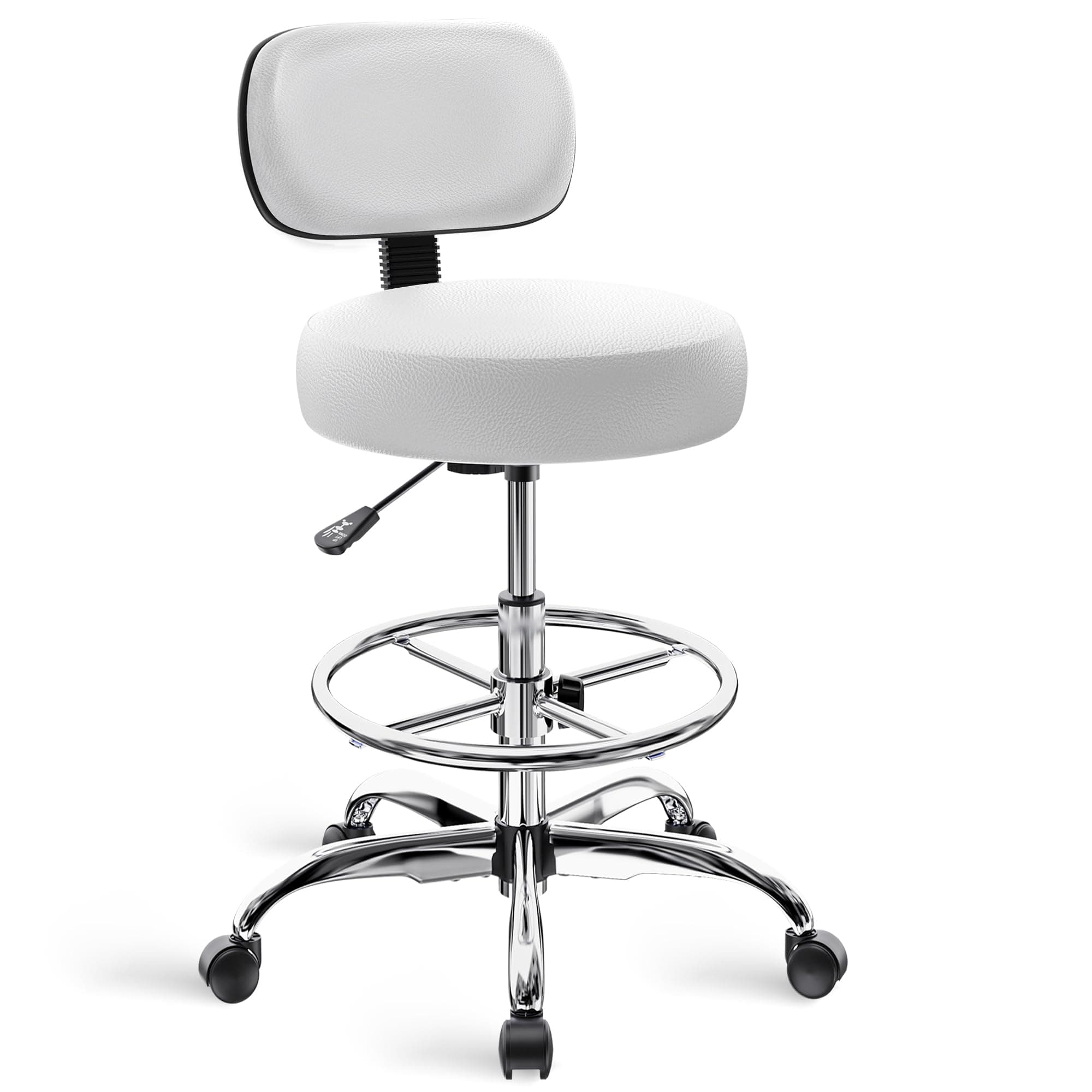 Drafting Chair with Back, Adjustable Foot Rest Rolling Stool, Multi-Purpose Office Desk Chair, Thick Seat Cushion for Home Bar Kitchen Shop - White