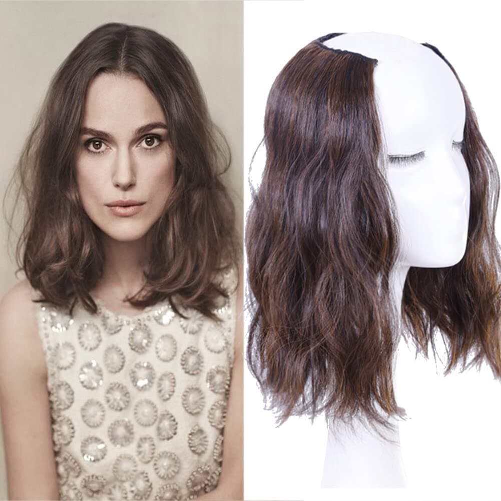 Medium Length 12" Wavy U-Shape Part Half Wig One Piece Clip in Hair Extension Black Brown