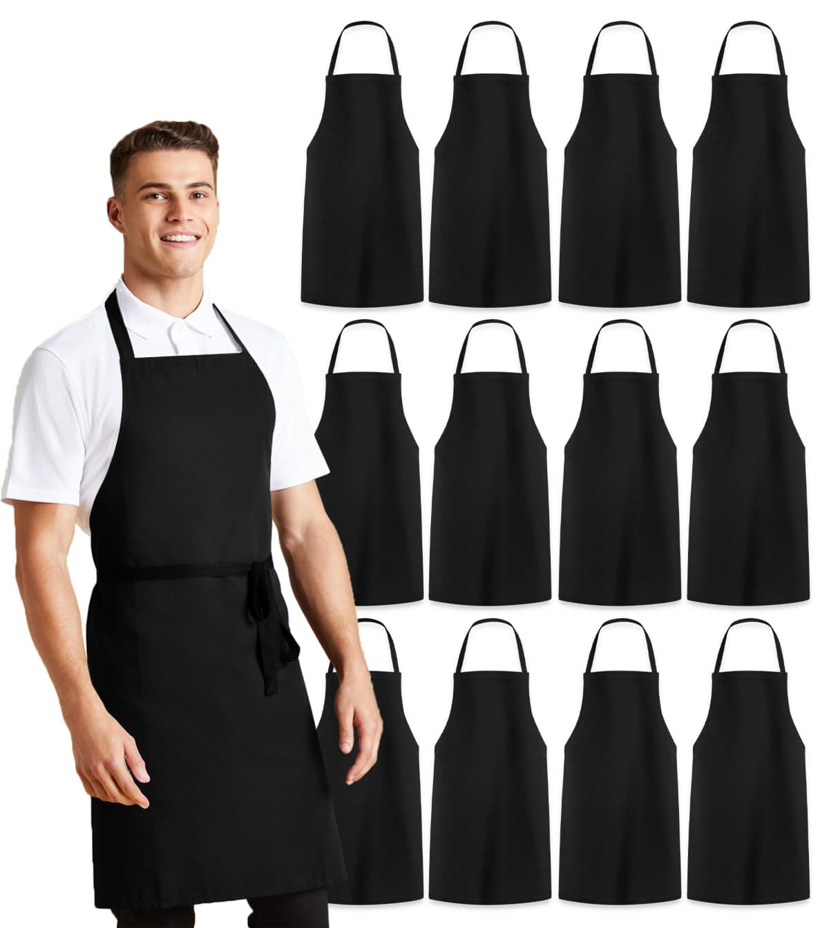 Apron Uni Bib Apron - 100% Polyester Chef Apron with Extra Long Tie - Cooking Apron for Men and Women, Black, Pack of 12