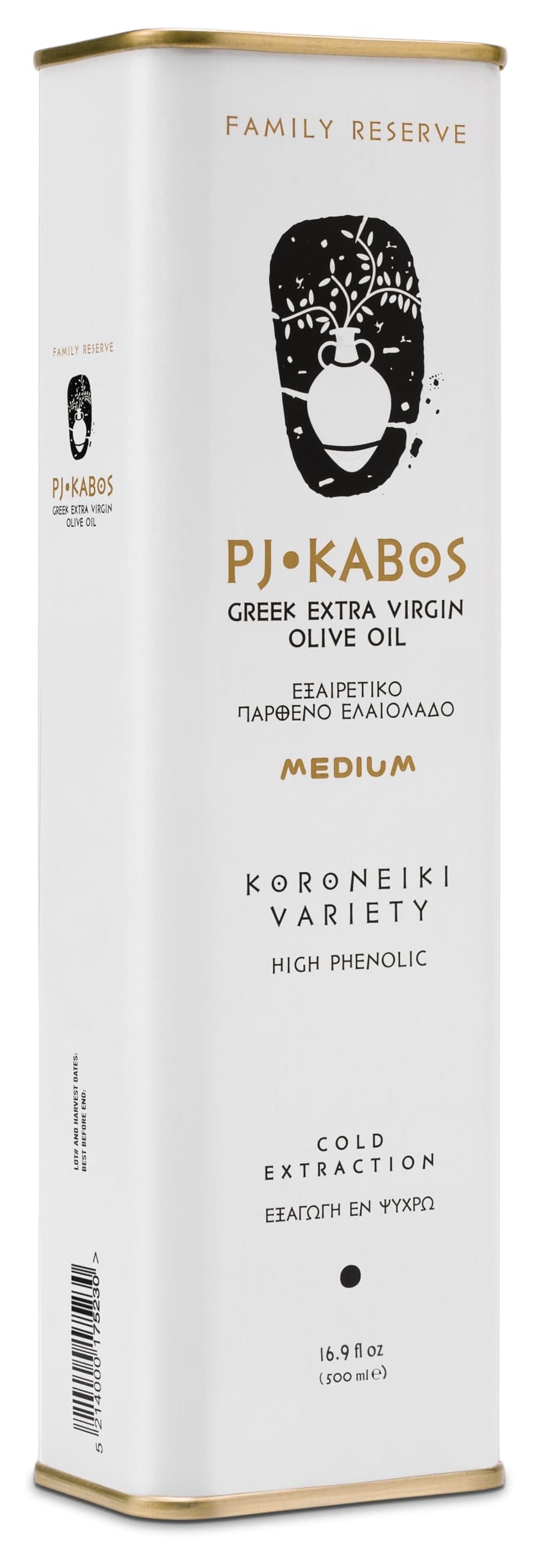 P.J. KABOS Fresh 2025/26 Harvest, High Phenolic (400+mg/kg), Natural Greek Extra Virgin Olive Oil, Kosher, Greece, Cold Extracted, 16.9 oz Tin, Koroneiki, "Family Reserve -Medium"