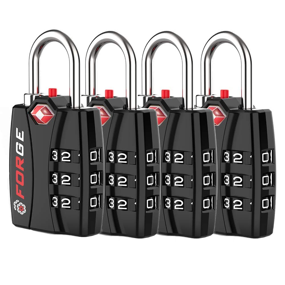 Forge Open Alert TSA Approved Luggage Locks - 3 Digit Combination, Easy Read Dials, Zinc Alloy Body - Ideal Travel Lock for Luggage, Suitcases, Bags & Toolboxes (Black 4 Locks)