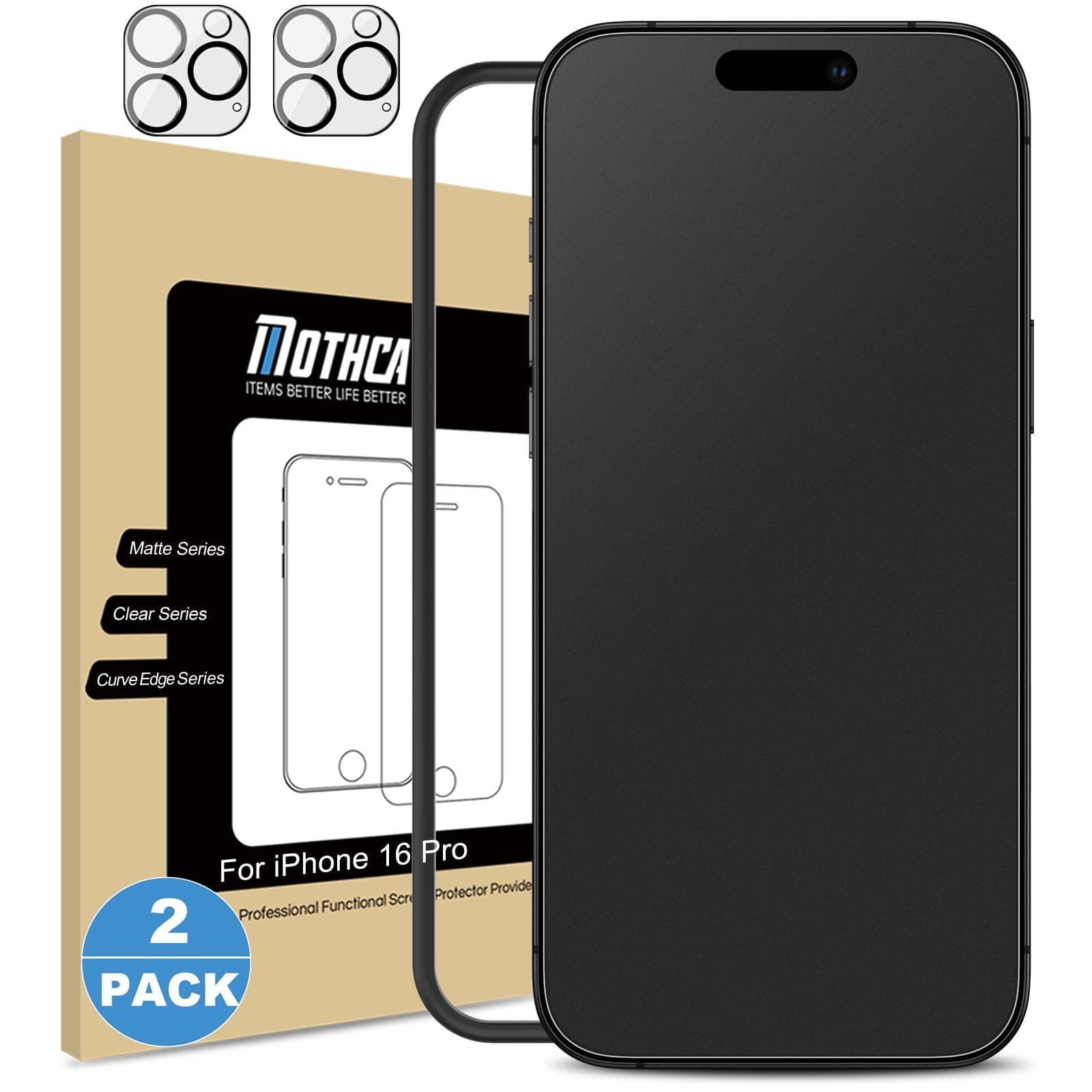 Mothca Matte Screen Protector for iPhone 16 Pro, 9H Tempered Glass Matte Anti-Glare & Anti-Fingerprint + 2x Camera Lens Protector (2 + 2 Pack)