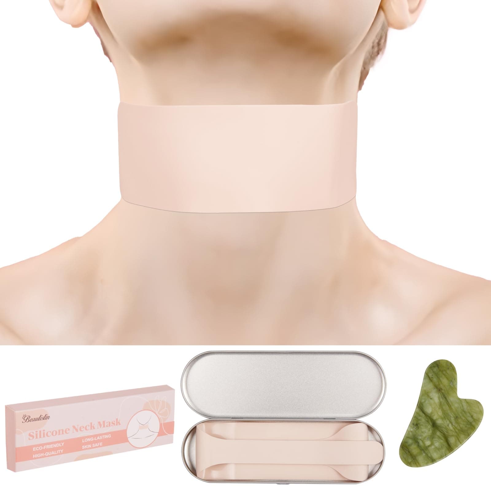 Reusable Silicone Neck Wrinkle Patch - Silicone Mask Adjustable, for Use with Neck Cream, No Adhesive, Anti Wrinkle Patches for Firming and Tightening, with Jade Gua Sha Tool and Tin Case