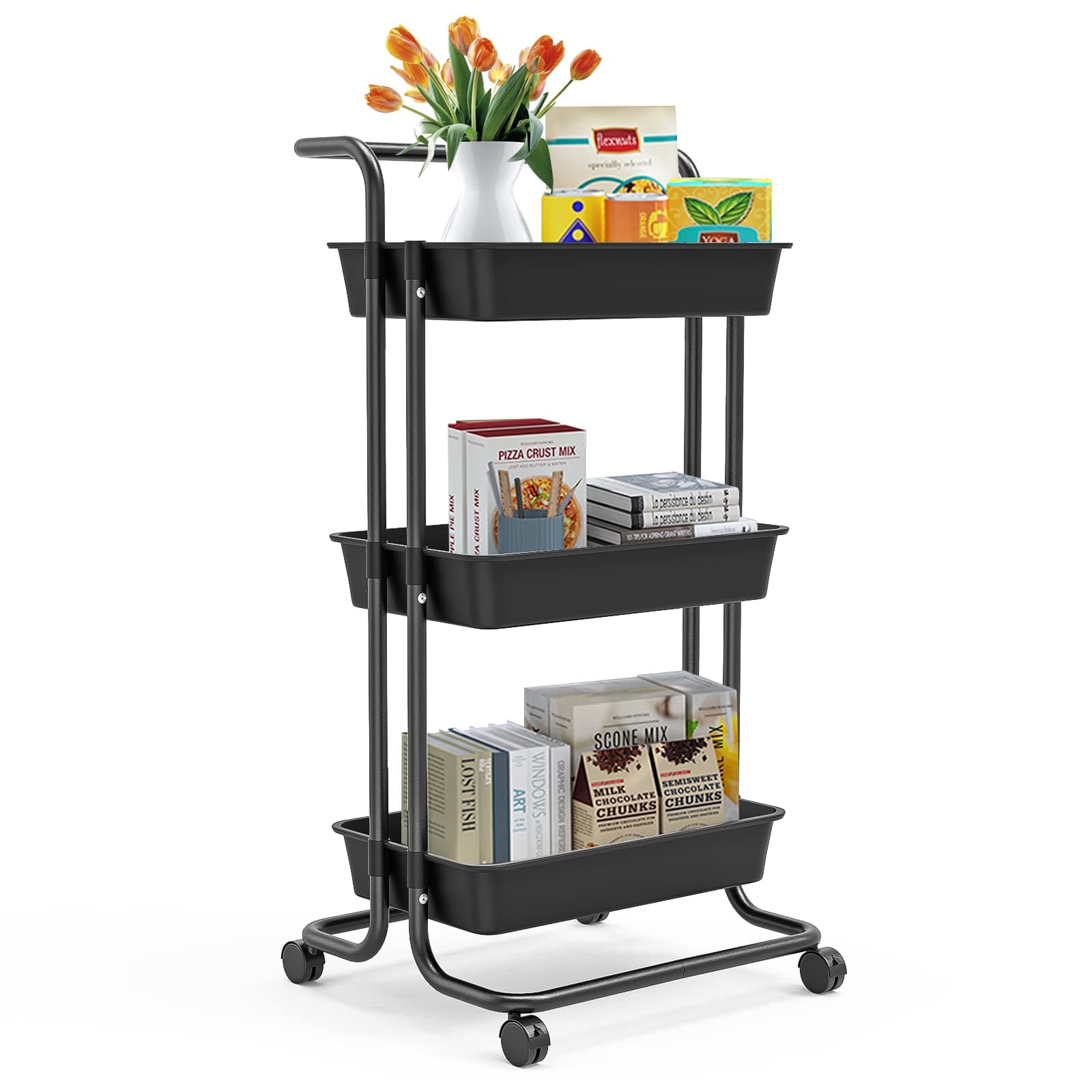 3-Tier Rolling Utility Cart with Wheels, Multi-Function Storage Cart with Lockable Wheels and Mesh Basket, Perfect for Use in Your Kitchen, Bathroom or Living Room or Balcony,Black