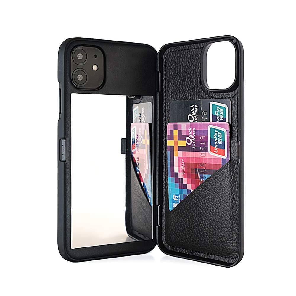 for iPhone 11 Case, Wallet Case with Kickstand Built-in Mirror Shockproof Card Holder Protective Cover for Apple iPhone 11 6.1 Inch - Black
