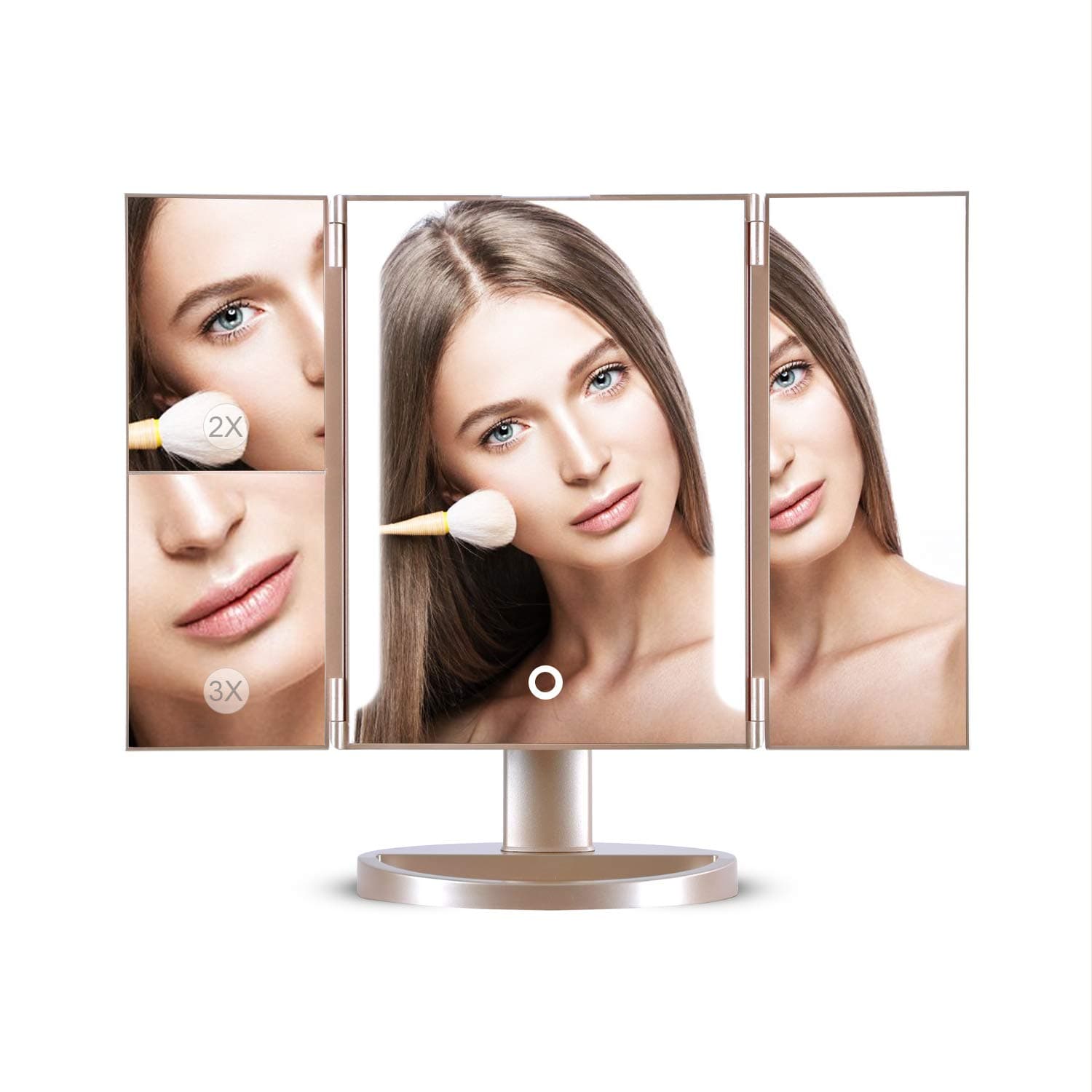 Tri-Fold Lighted Makeup Vanity Mirror with 36 LED Lights, 3X 2X 1X Magnifying Cosmetic Mirrors, 180°Rotatable Illuminated Mirrors, USB/AAA Dual Power Supply, Touch Dimmer- Champagne Gold (Valentine's Day gift)