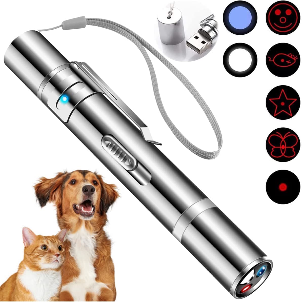 Cowjag Cat Toys, Laser Pointer with 7 Adjustable Patterns, USB Recharge Laser, Long Range and 3 Modes Training Chaser Interactive Toy, Dog Laser Pen Toy