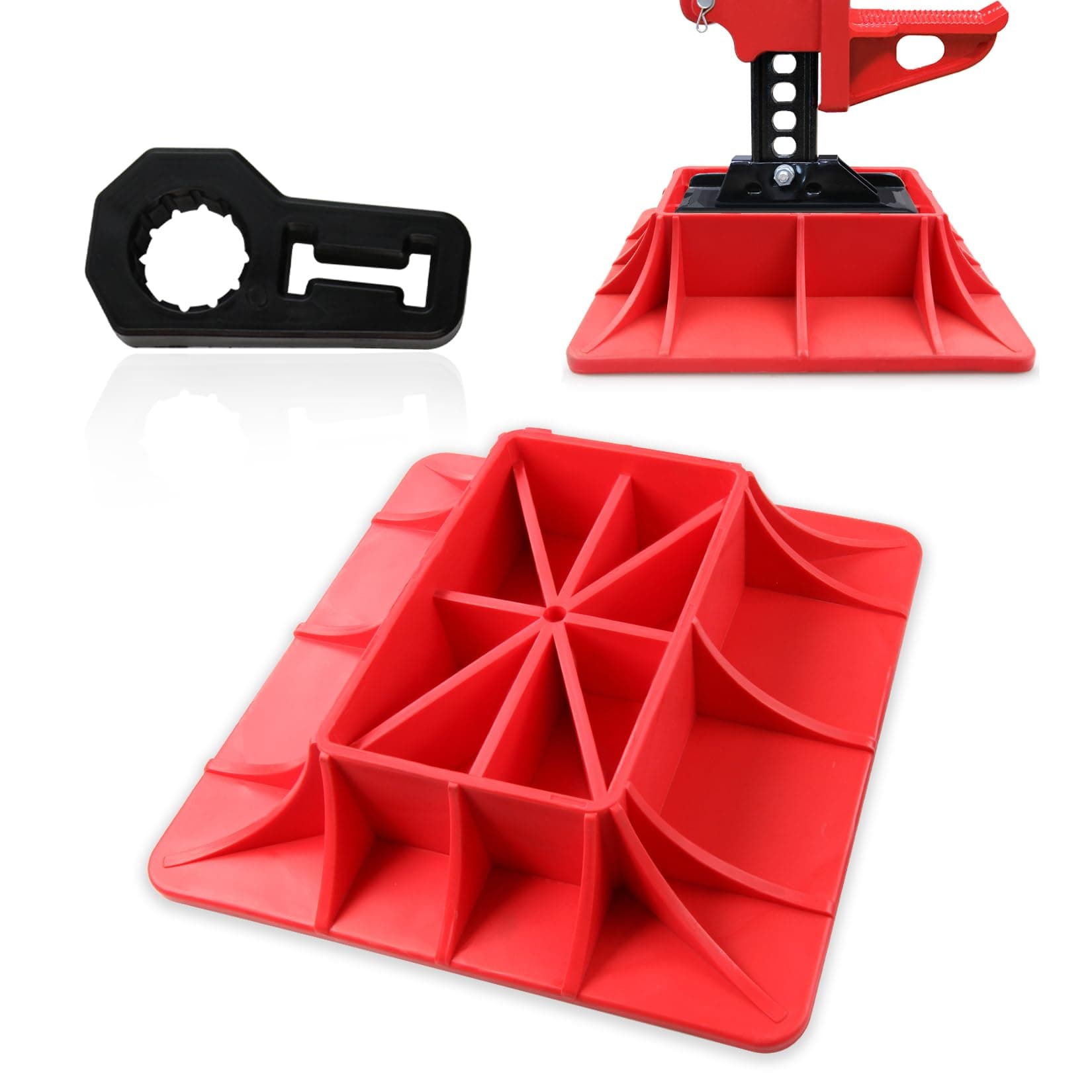 C&T Jack Base and Handle Keeper Compatible with Hi Lift Jack Accessories Handle Bar Protector,2 Piece,Off Road Base,Red & Black,Alleviate Jack Hoisting Sinkage