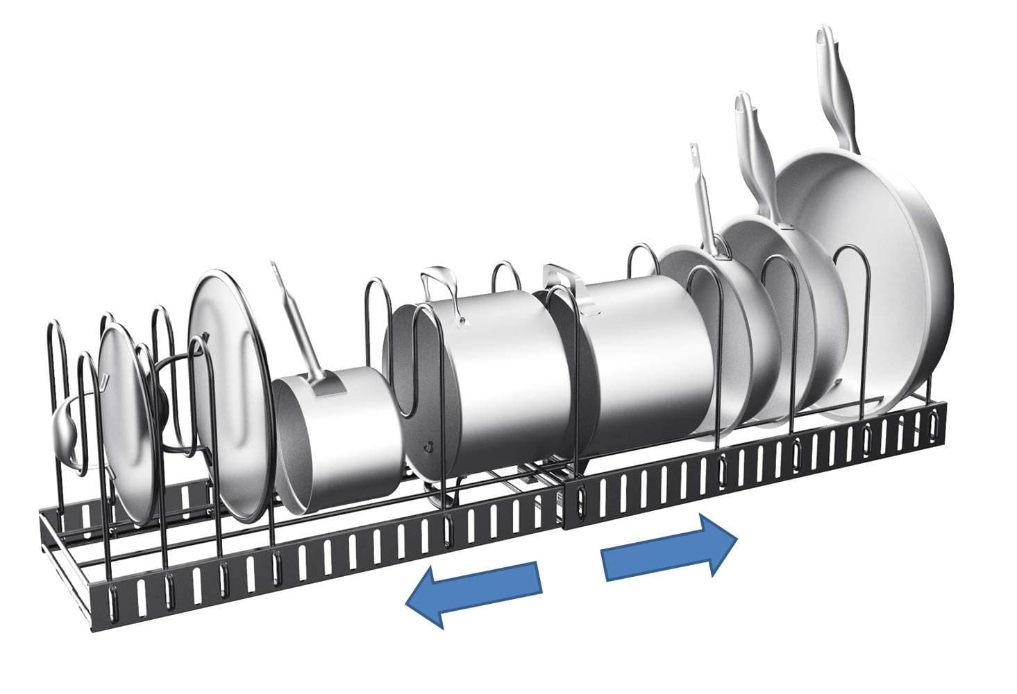 Mecete Expandable Pot Rack Organizer, 4 DIY Methods, Height and Position Adjustable 14+ Pots Holder, Strong Black Metal Kitchen Cabinet Pantry Pot Lid Holder
