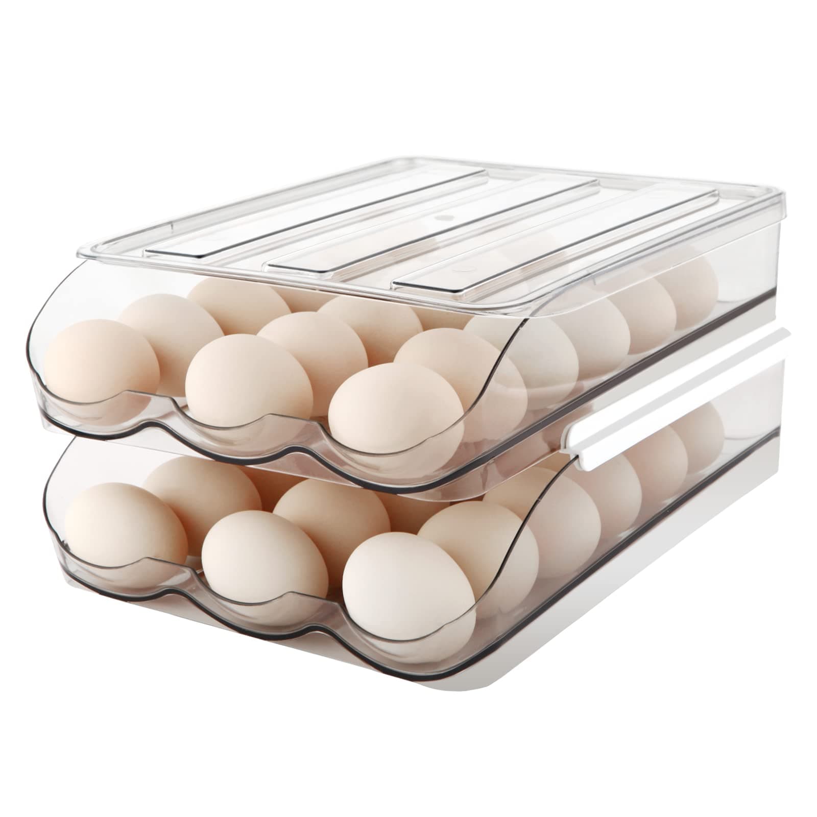 Egg Holder for Fridge, Automatically Rolling Egg Storage Container for Refrigerator,Large Capacity Egg Organizer for Fridge with Lid,Clear Plastic Dispenser, Tray & Bin -2 Layer