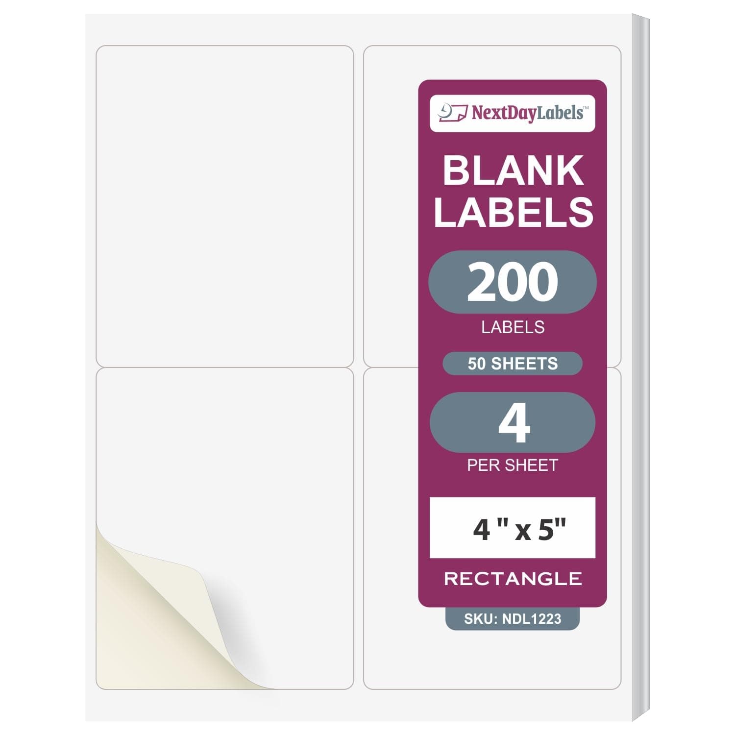 4” x 5” Rectangular Sticker Labels for Printer - White Laser/Inkjet Printer Labels Return Address Labels Shipping Label Stickers (50 Sheets, 4 Per Sheet, 200 Labels)