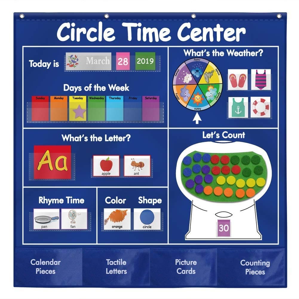 CSLU Circle Learning Time Center Pocket Chart Calendar Set, Educational Pocket Chart Learning Shape, Color Classroom Pocket Chart-Number Pocket Chart Wording Rhyme Pictures Pocket Chart