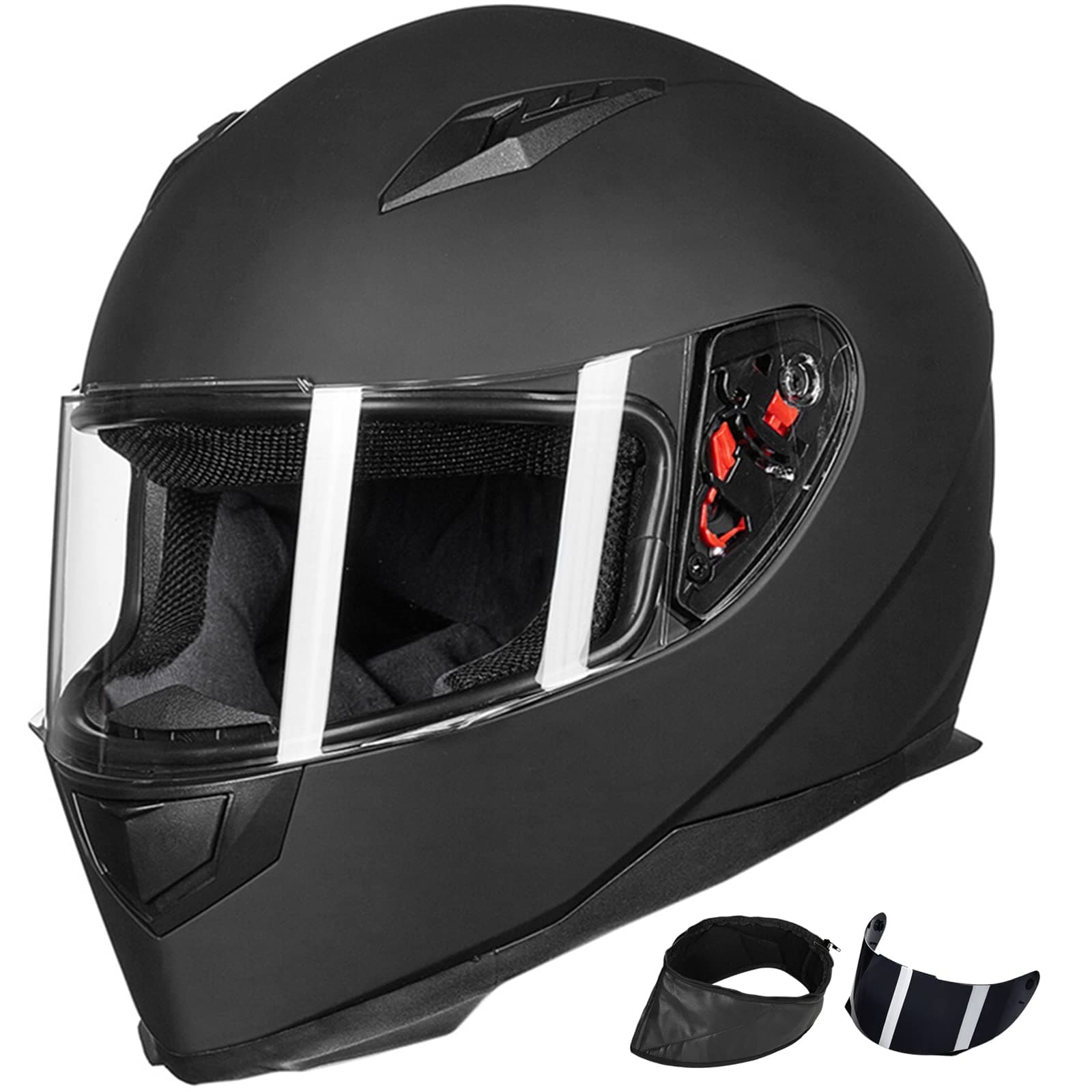 Full Face Motorcycle Street Bike Helmet with Removable Winter Neck Scarf + 2 Visors DOT Model ILM-313 (L, Matte Black)