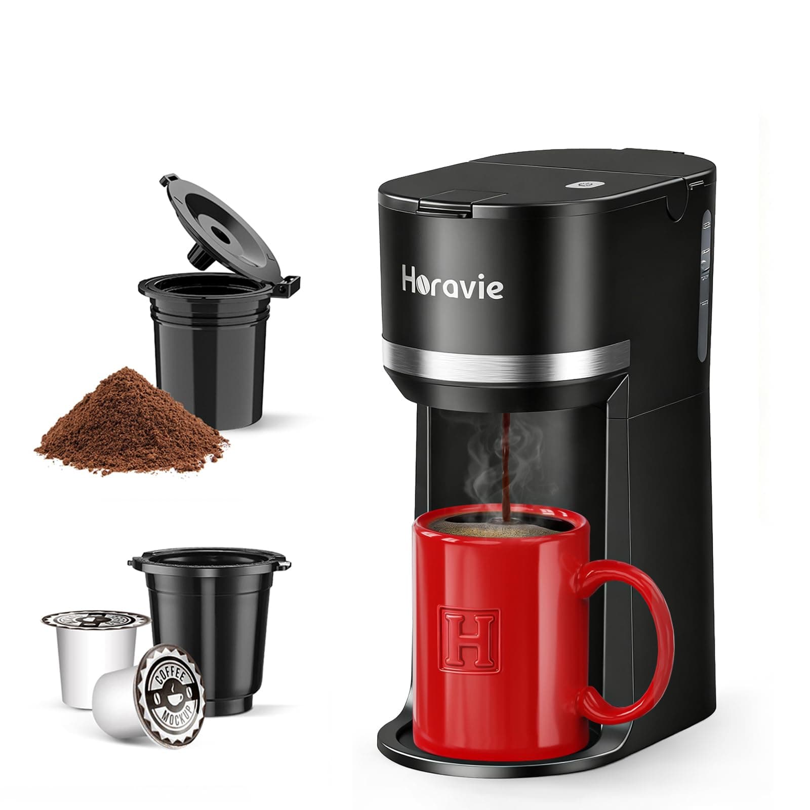 Horavie Mini Single Serve Coffee Maker for K Cup and Ground Coffee, Fast Beer Single Cup Coffee Machine with Descaling Reminder and Water Window, 6-12 Ounces, Sizes