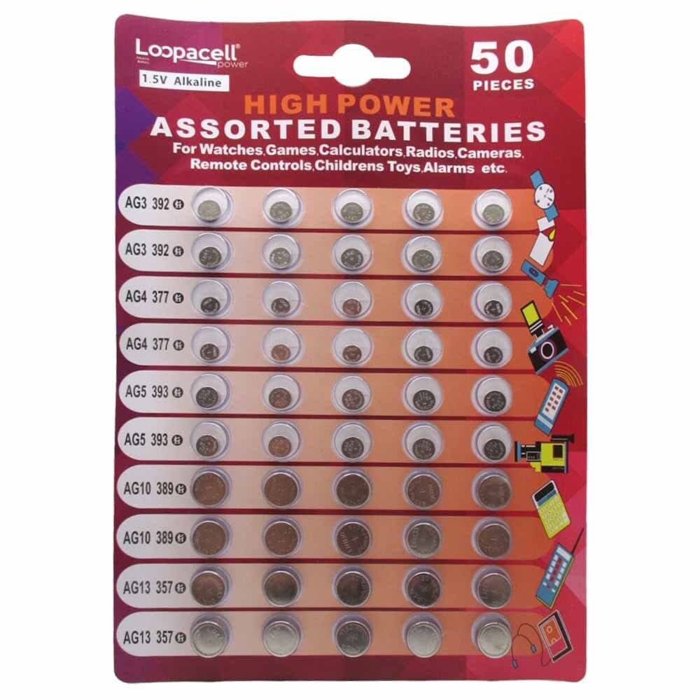 LOOPACELL Loopacell High Power Super Alkaline Button Cell Assorted 1.5V Battery AG3/LR41 AG4/LR626 AG5/LR754 AG10/LR1130 AG13/LR44 Pack of 50