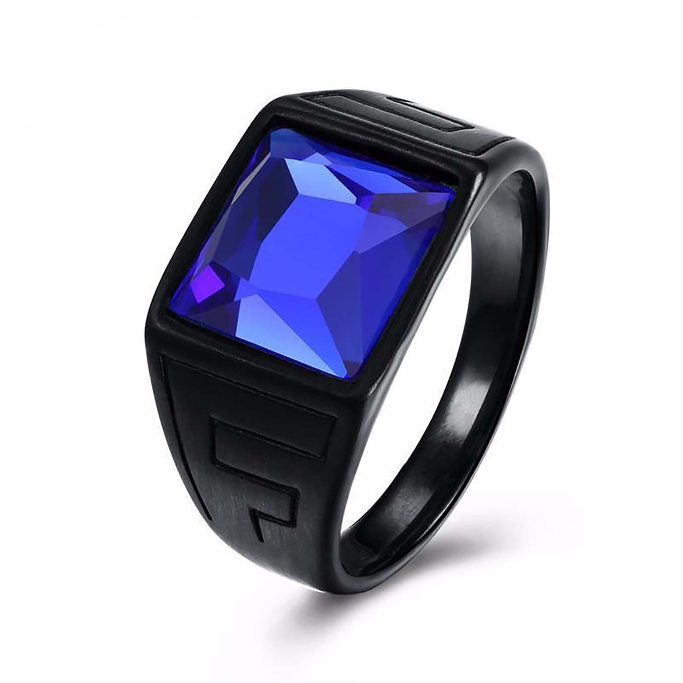 RUVEERoyal Blue American Diamond Solid Titanium Black Crystal Ring for Men
