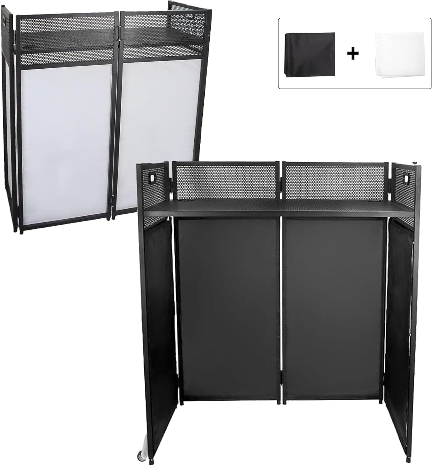 Portable DJ Facade Booth Table with Interchangeable Black and White Lighting Scrims, 40" x 20" DJ Booth Flat, Black Metal Frame DJ Booth Panel as DJ Controller Stand/Recording Mixer Stand