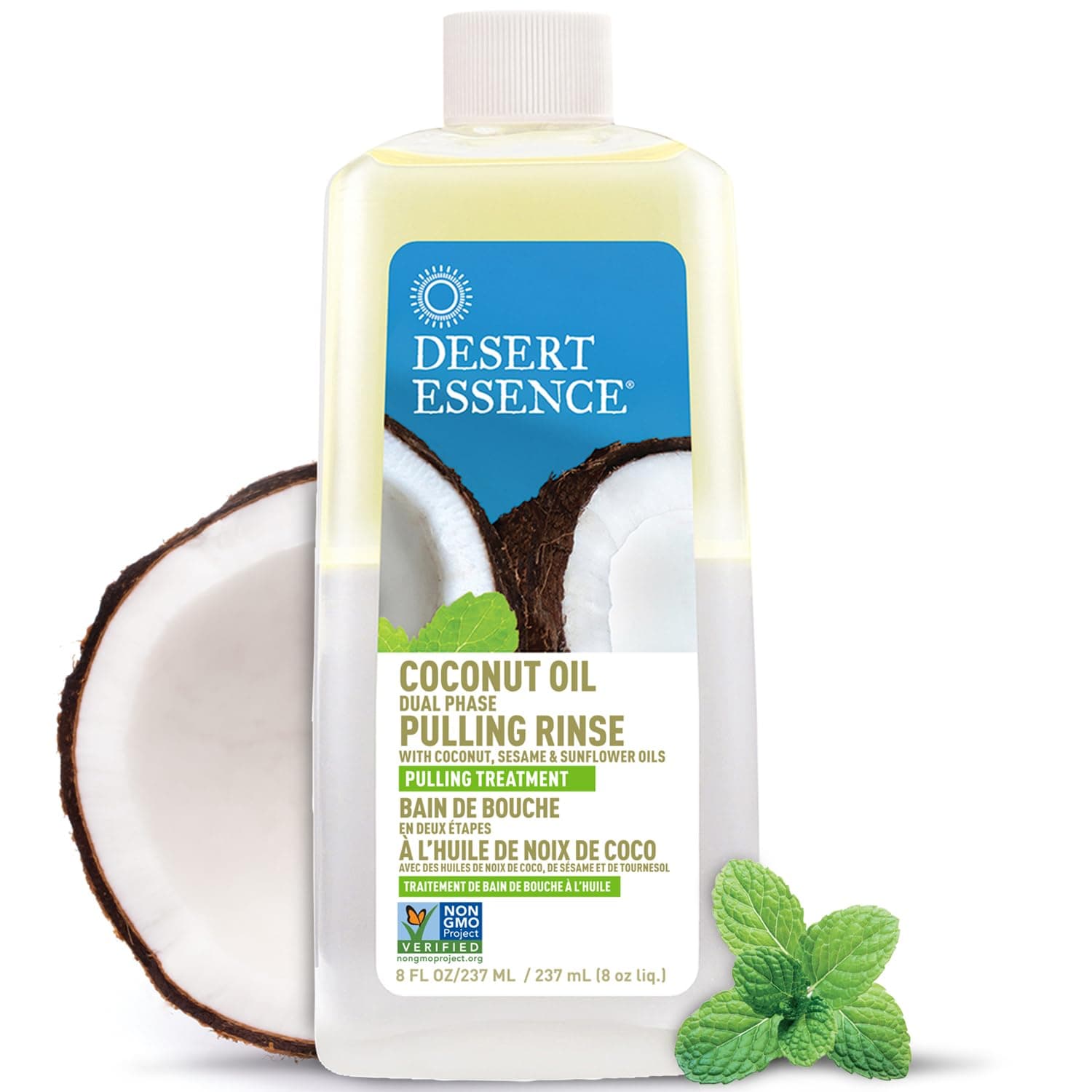 Desert Essence Coconut Oil Dual Phase Pulling Rinse, Mint, 8 fl oz - Alcohol Free, Sugar Free, Gluten Free, Vegan, Non-GMO - Organic Virgin Coconut Oil, Sesame Oil, Sunflower Oil & Tea Tree Oil