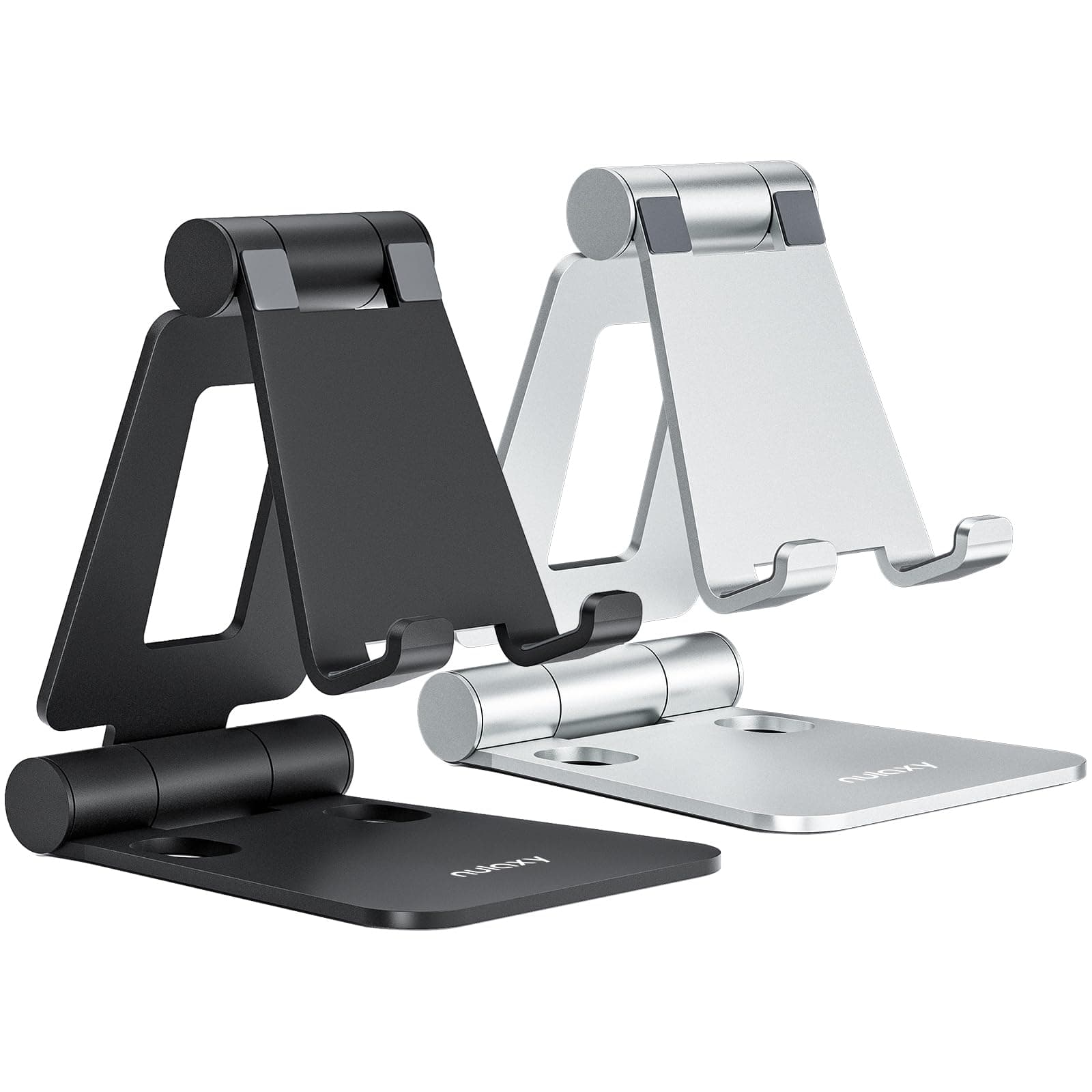 – Nulaxy 2 Pack Dual Folding Phone Stand, Fully Adjustable Desktop Mobile Holder Dock Aluminum, Compatible with iPhone 17 16 15 14 13 12 11 Xs Xr X 8, HUAWEI, Galaxy, All Smartphones, Black & Silver