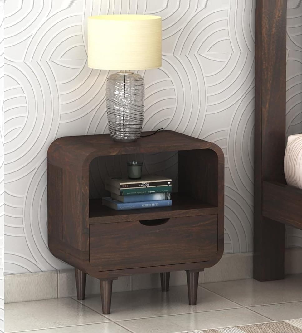 Solid Sheesham Wood Bedside Table for Bedroom | Wooden Bed Side Nightstand Lamp Table with Drawer & Open Shelf Storage for Home & Hotels | Rosewood, Walnut
