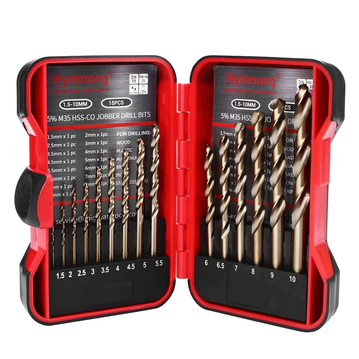 Hymnorq 15-Piece M35 Cobalt Drill Bit Set, Metric 1.5 to 10mm, 5% Cobalt HSS for Drilling Hard Metal Stainless Steel Cast Iron, Fully Ground Jobber Length Bits with 135° Split Point Tough Indexed Case