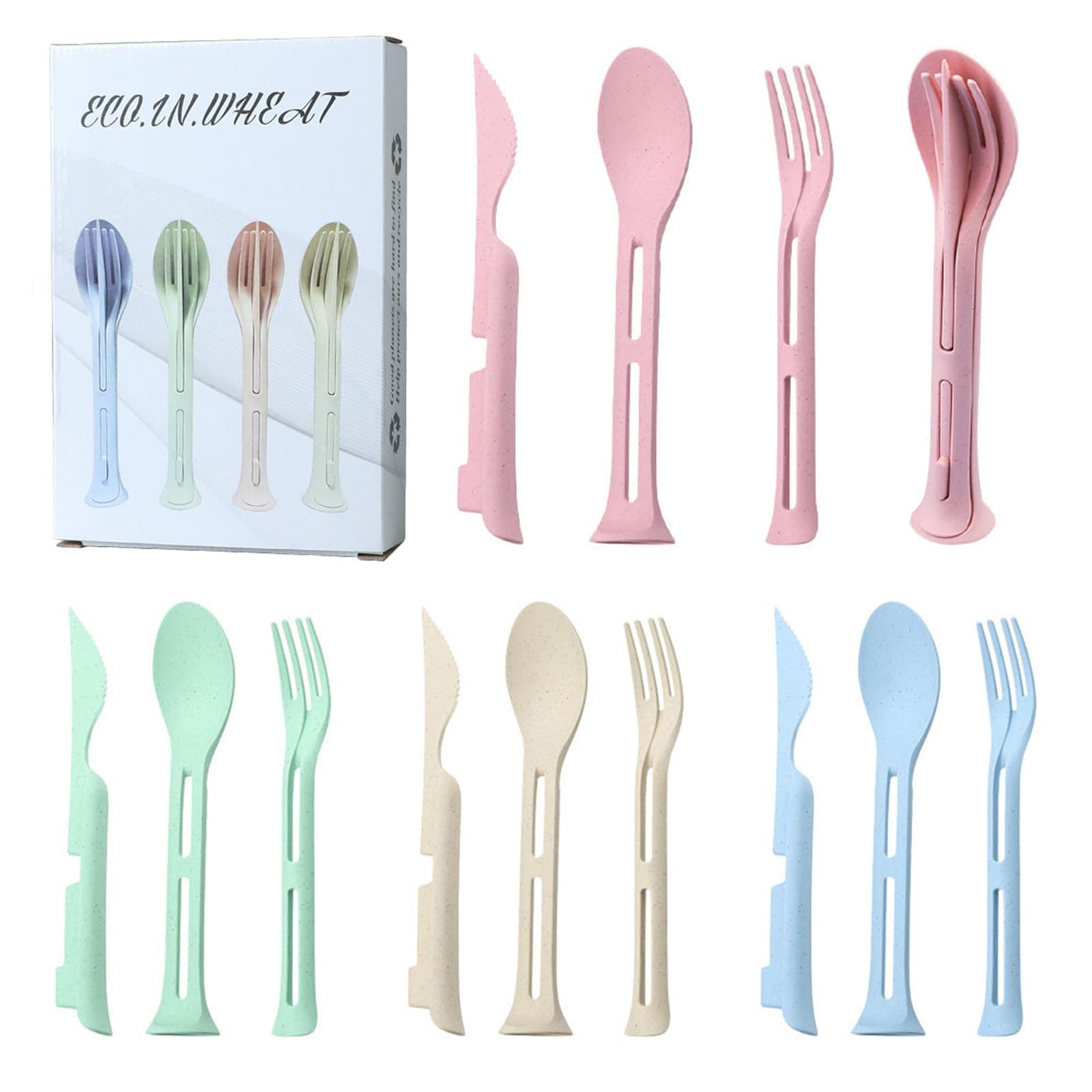 Wheat Straw Tableware Sets, Innovative 3-in-1 Dinnerware Sets，Integrating Knives, Spoons, and Forks for Integrated Storage，Eco-Friendly