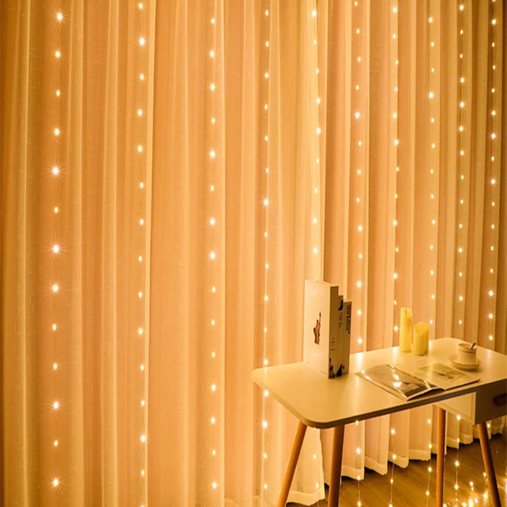 300 LED Window Curtain String Light USB Powered 8 Lighting Modes 3x3Meters Twinkle Waterproof Fairy lamp Hanging with Remote Control for Christmas Bedroom Party Wedding Décor Decorations(Warm White)