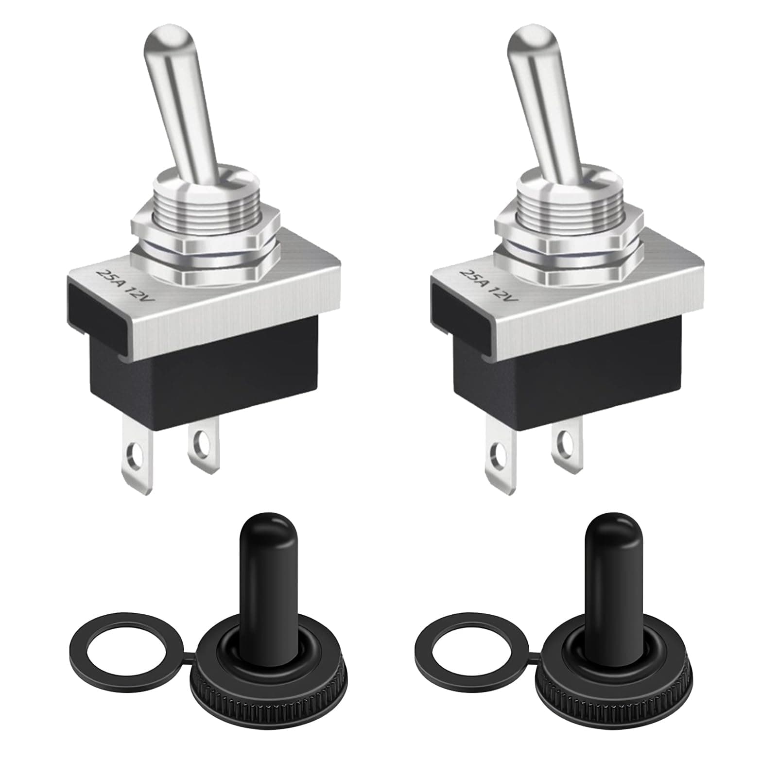 2 Pieces Two Way Switch, Toggle Switch 12V 25A SPST On/Off 2 Pin Self-Latching Automotive Switch with Waterproof Cover, Perfect for Car Dashboard Electronics, 12mm Panel Cutout for Cars