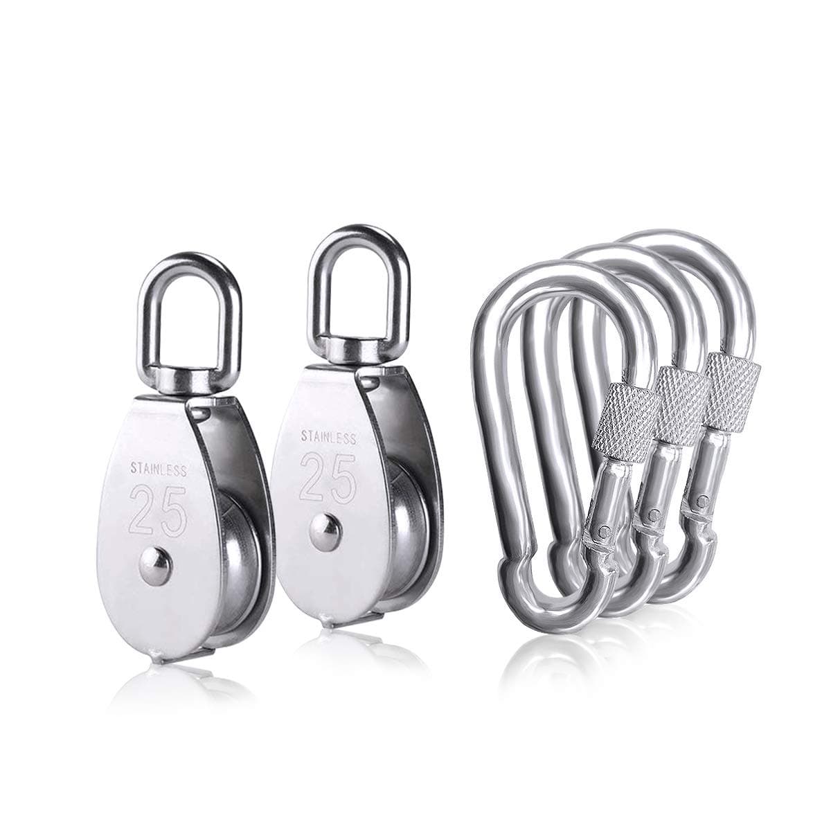 2pcs M25 Single Pulley Block with 3pcs Spring Snap Hook Carabiner, Heavy Duty 304 Stainless Steel Pulley Roller & 3'' Spring Snap Hooks, Pully Crane Swivel Hook Wire Rope Cable Loading 331lbs/150 kg