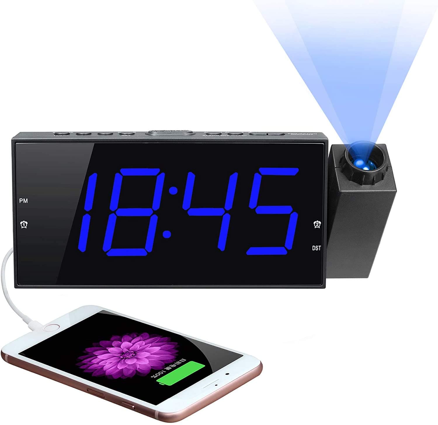 Projection Digital Alarm Clock for Bedrooms Ceiling, Projector Clock, 7” Large LED Display & Dimmer, USB Charger, Adjustable Ringer, 12/24H,Plug in Loud Dual Alarms for Wall, Kids Heavy Sleeper Senior