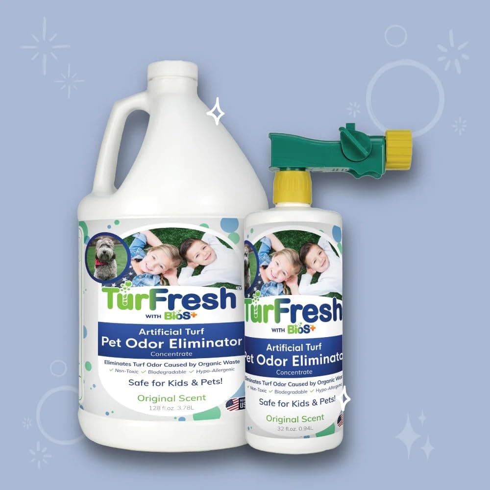 TurFresh BioS+ Artificial Turf Odor Eliminator Value Pack – Yard Deodorizer – Enzyme Concentrate for Pet Urine & Feces – Safe for Kids & Pets – 1 Gallon & 32 oz Bottle Sprayer, Original Scent
