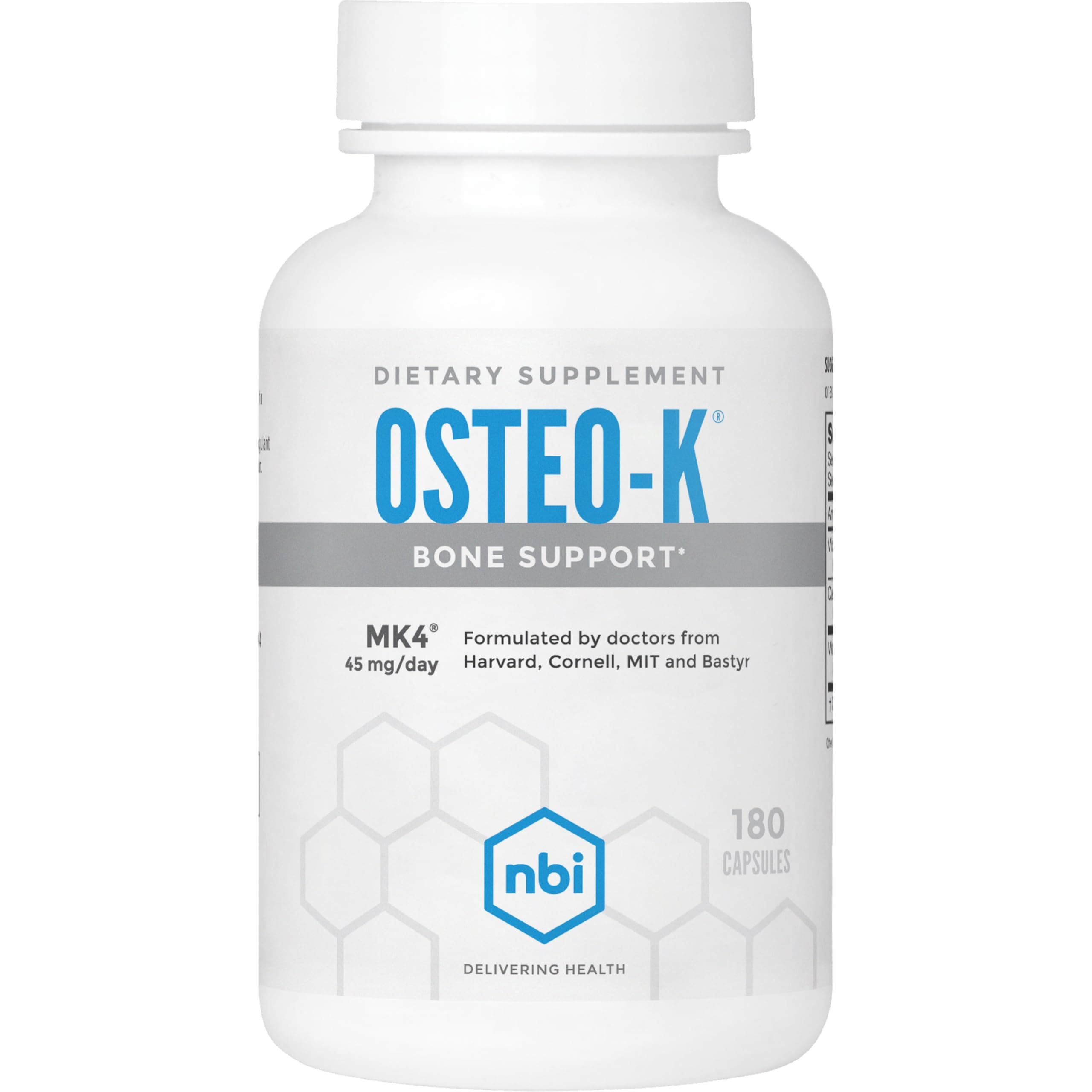 - NBI Osteo-K Bone Support | Vitamin D & K Complex with Calcium Citrate Supplement | 45mg Vitamin K2 (MK4) for Strong Bone Health & Function | 180ct Veggie Capsules