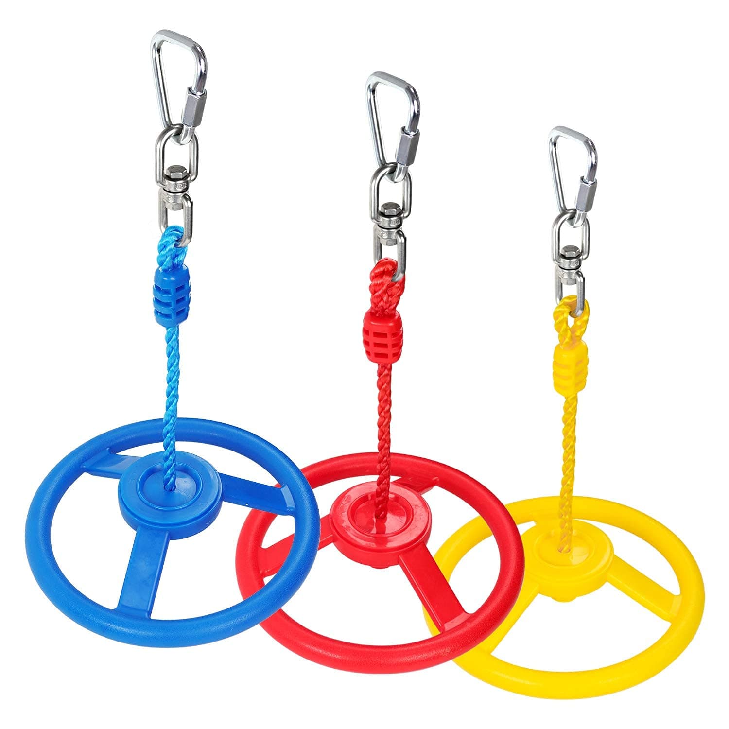Rainbow Craft 3-Pack Ninja Monkey Wheels，Obstacle Course & Swing Set Attachments for Kids ，Outdoor Backyard Playground Accessory，Red, Blue & Yellow