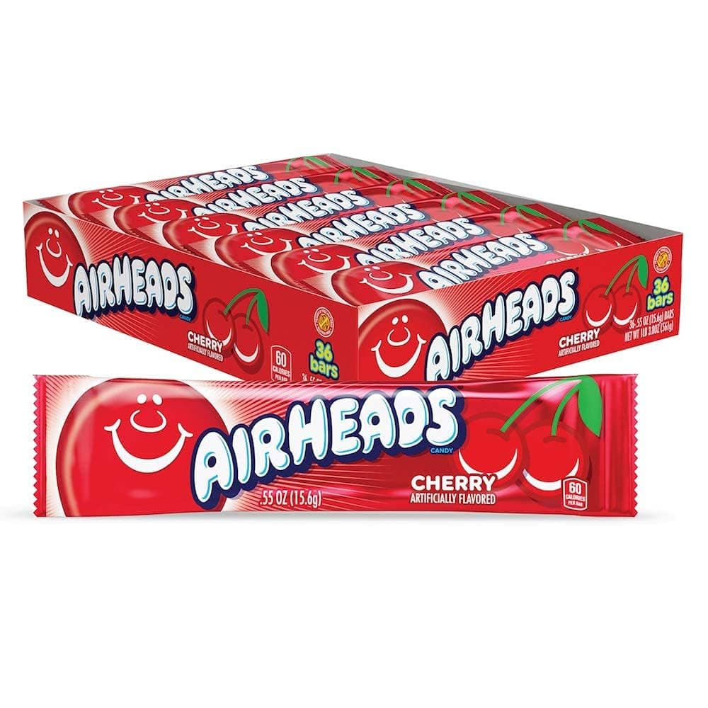 - Airheads Full-Size Candy Bars, Taffy Candy Bulk Pack, Individually Wrapped, Cherry Fruit Flavor Artificially Flavored, 36 Count Box