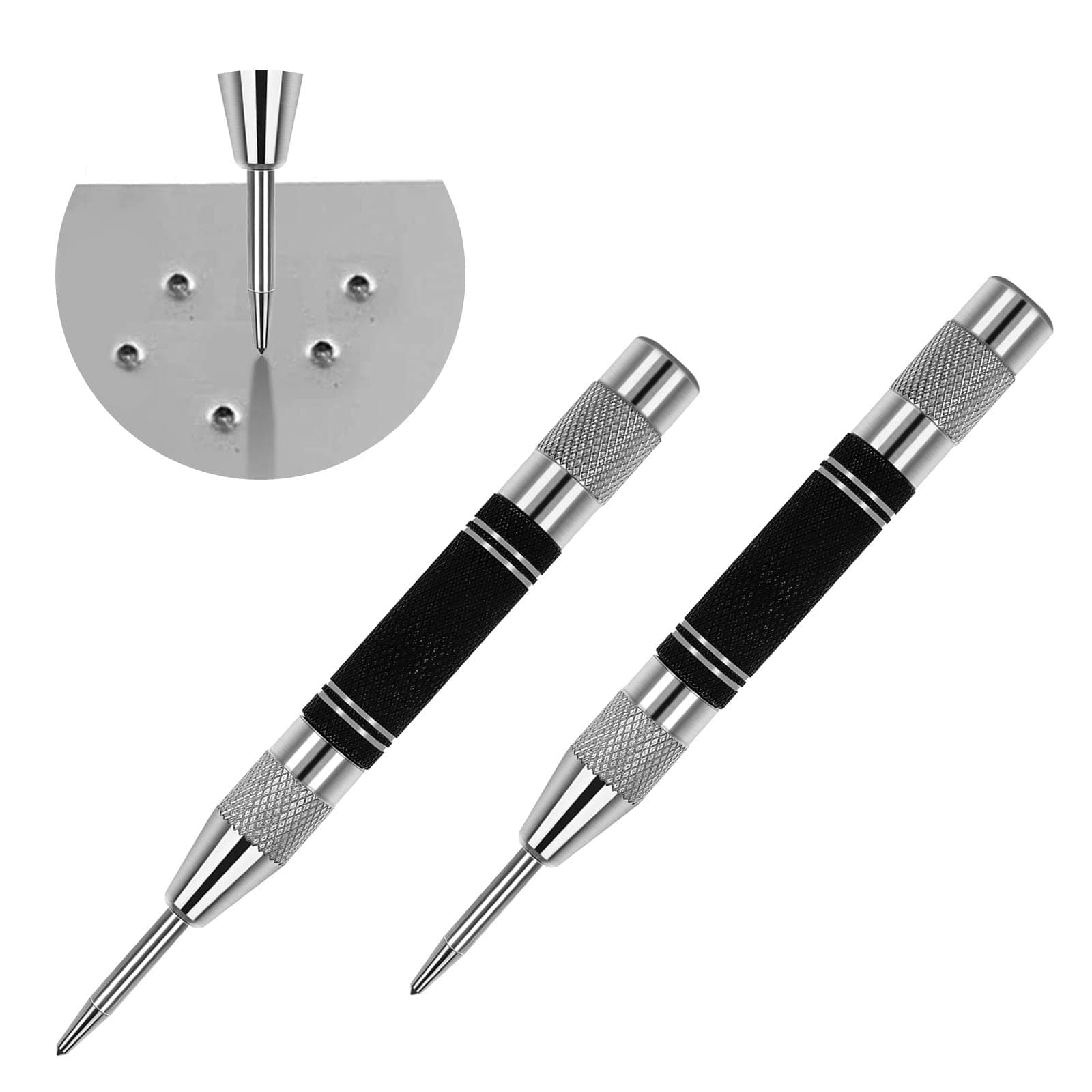 Cobee 2 Pack Heavy Duty Automatic Center Punch with Adjustable One-Handed Spring Impact, Spring Loaded Tension Center Push Tool Center Hole Punch Tool for Machinists, Carpenters(Black, Silver)
