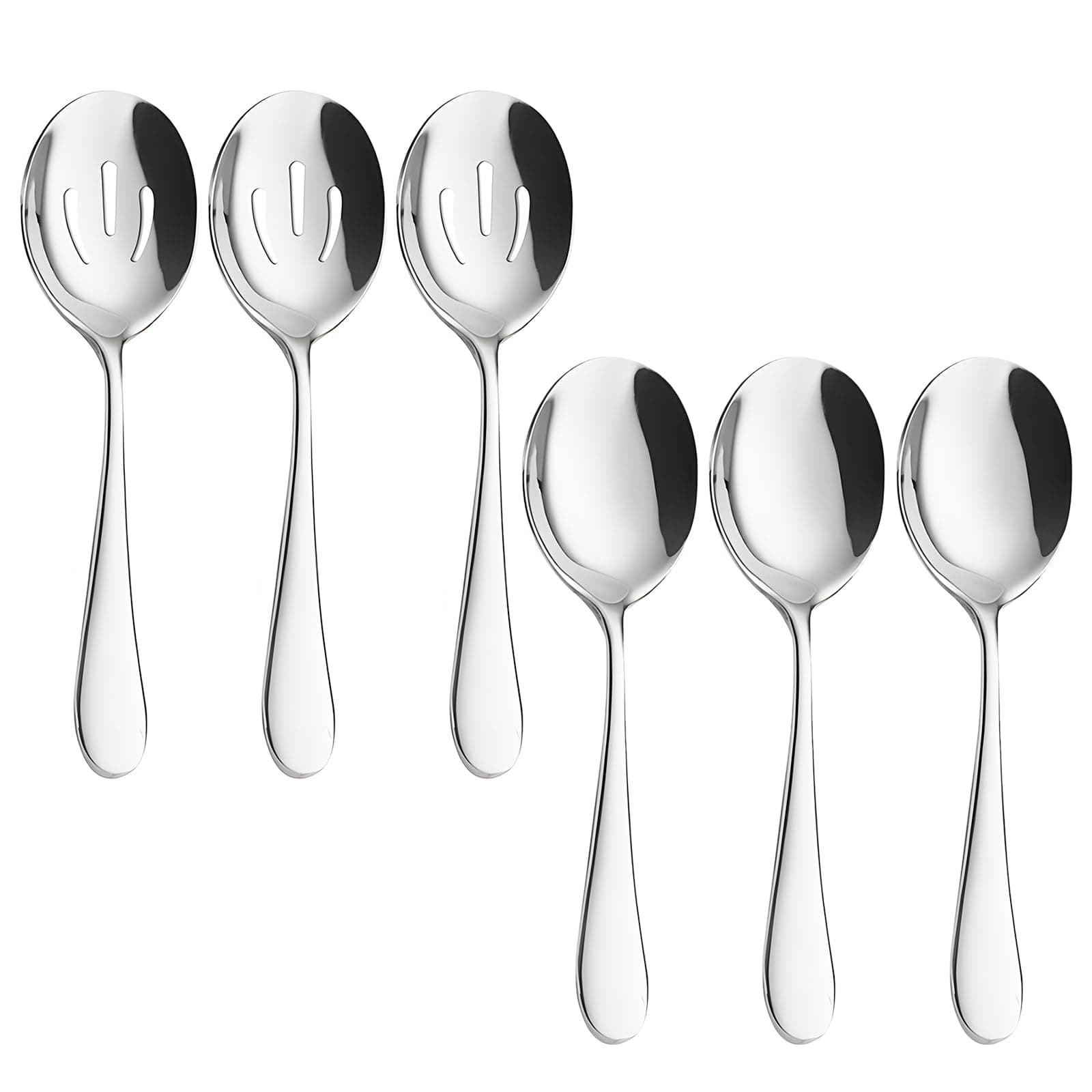 6PCS Stainless Steel Serving Spoons Set,Includes 3 Serving Spoons and 3 Slotted Spoons,Dessert Spoons Advanced Performance Skimmer,Large Serving Spoons for Buffet, Party, Banquet, Kitchen (Silver 01)