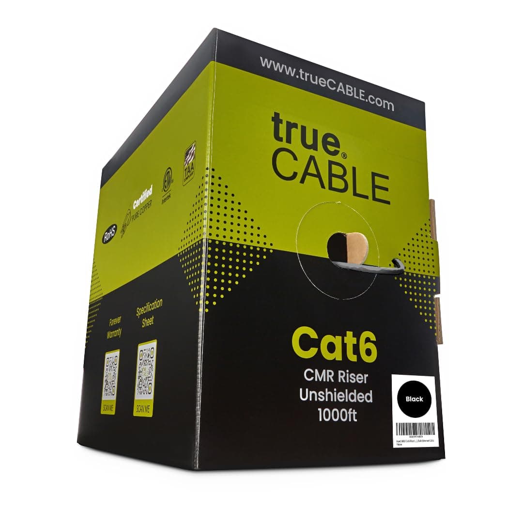 trueCABLE Cat6 Riser (CMR), 1000ft, Black, 23AWG 4 Pair Solid Bare Copper, 550MHz, PoE++ (4PPoE), ETL Listed, Unshielded Twisted Pair (UTP), Bulk Ethernet Cable