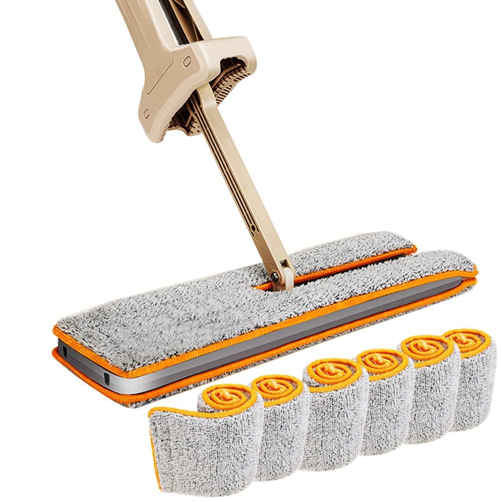 Double Sided Lazy Mop, Microfiber Flat Mop, 360 Spin and Automatic Squeeze 13 Inch (33cm) Cloth Mop for Cleaning Corner, Bathroom, Kitchen, Tile and Hardwood Floor (Total of 6 Microfiber Mop Pads)