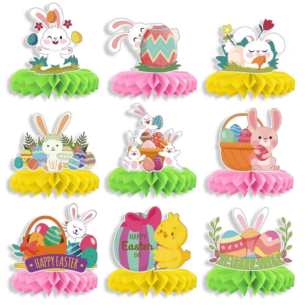 9Pcs Easter Table Decorations, Easter Party Decorations Honeycomb Centerpiece,3D Easter Decorations for Table Happy Easter Decorations Egg Bunny Easter Centerpiece for Easter Decorations