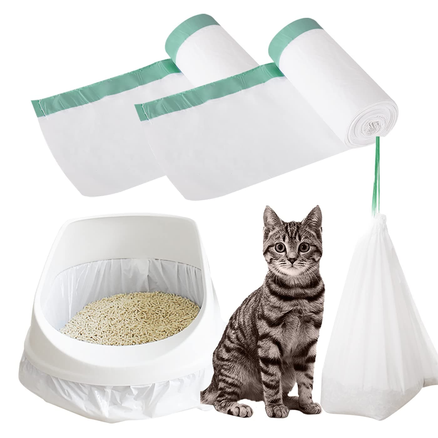 2 Roll Cat Litter Box Liners Disposable Bags with Drawstring for Cat Kitty Pet Waste Litter Box Bag, Extra-Thick Scratch Resistant (M)