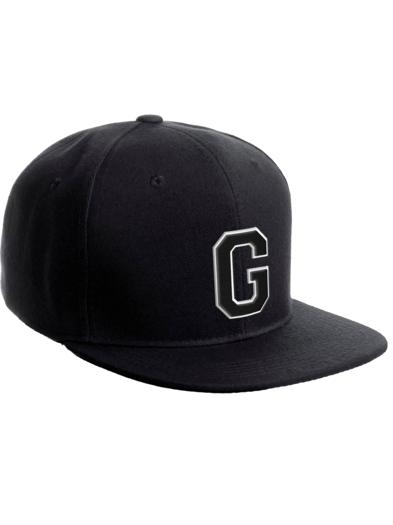 Classic Snapback Hat Custom A to Z Initial Raised Letters, Black Cap White Black