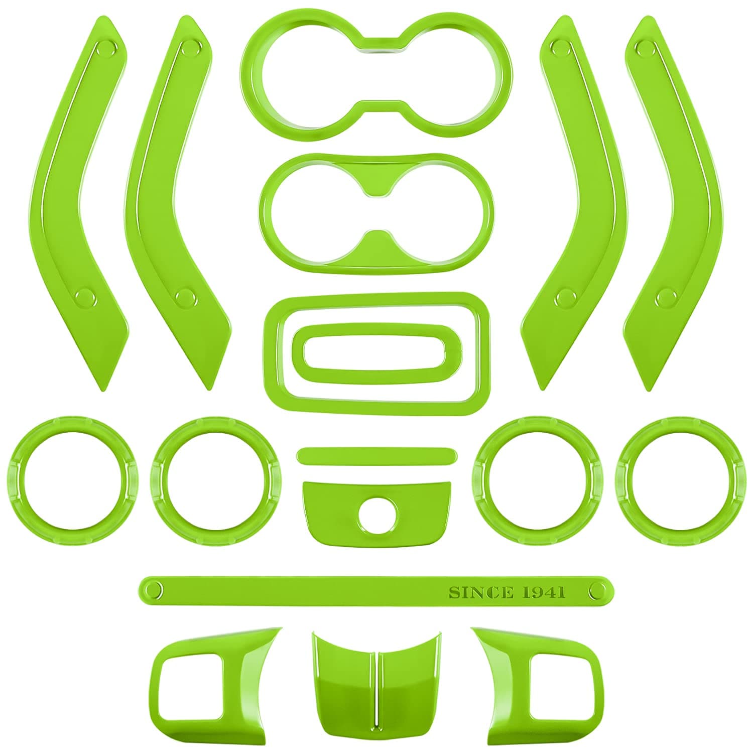 E-cowlboy 18 PCS Full Set Interior Decoration Trim Kit Steering Wheel Center Console Door Handle Air Conditioning Vent Cup Holder Gear Cover Trim for Jeep Wrangler JK JKU 2011-2018 4-Door (Green)