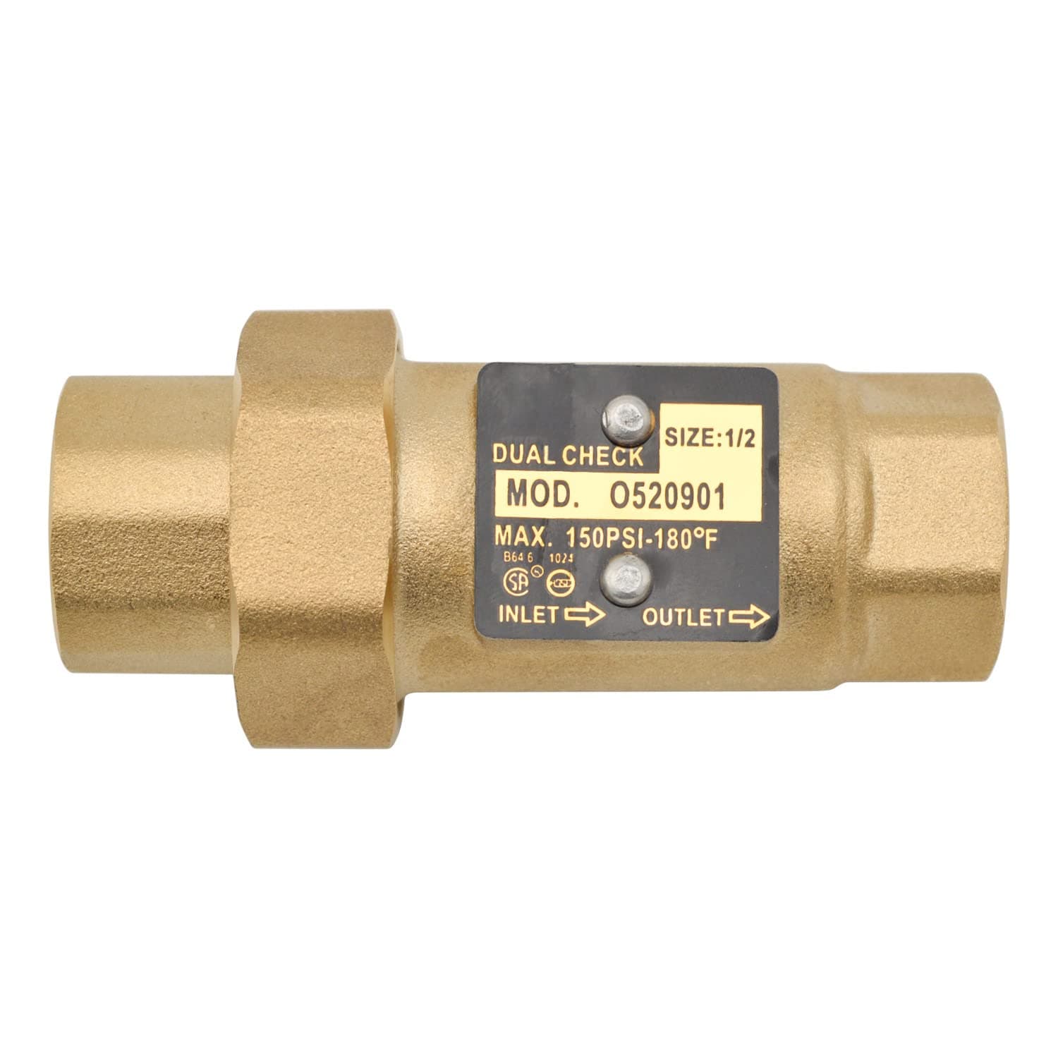 HYDRO MASTER Brass Dual Check Valve, 1/2" FNPT, Solid Brass, Max 150PSI-180°F
