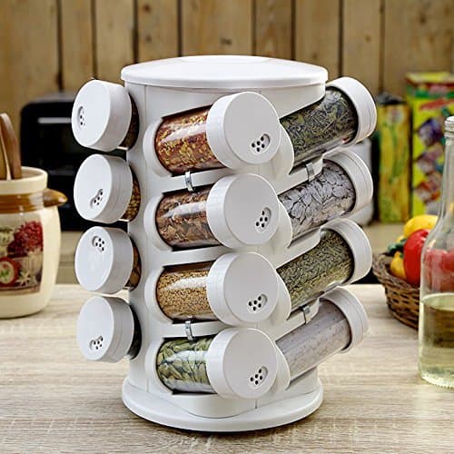 JVS Kitchen Mate Plastic Spice Rack Set, 16 Jars and 1 Revolving Rack, White