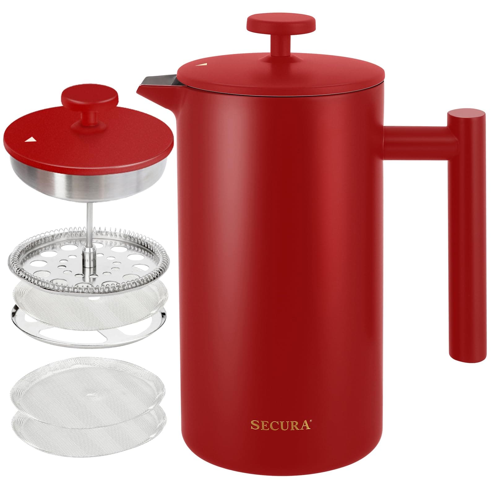 French Press Coffee Maker, 304 Grade Stainless Steel Insulated Coffee Press with 2 Extra Screens, 34oz (1 Litre), Red
