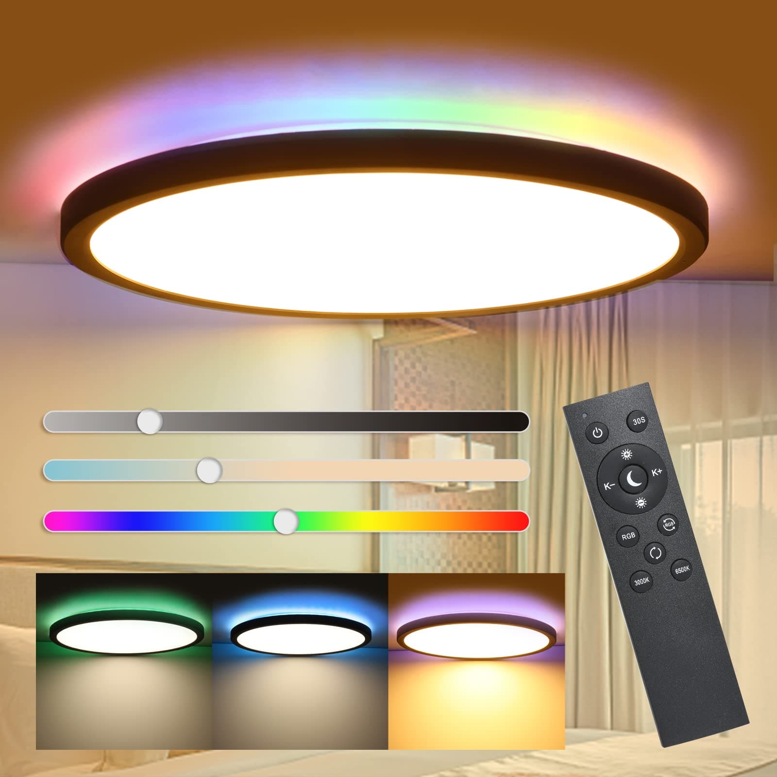 Flush Mount LED Ceiling Light Dimmable with Remote Control, 12 Inch 30W RGB Backlight Close to Ceiling Light Fixture 3000-6500K, Modern Ultra-Thin Round Ceiling Lamp, for Bedroom