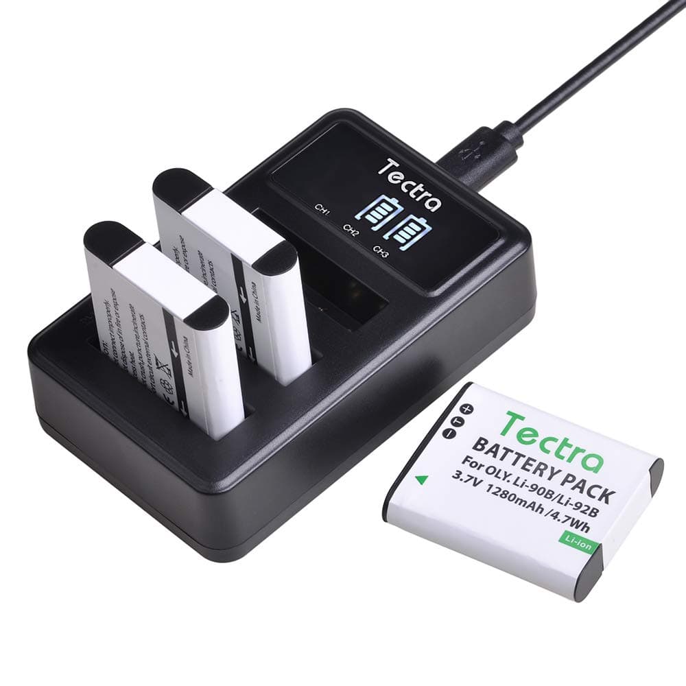 Tectra 3-Pack Li-90B Li-92B DB-110 Battery + Charger for Olympus Tough TG-7, TG-6, TG-5, TG-Tracker, SH-1, SH-2, TG-1 iHS, TG-3, TG-4 and for Ricoh GR III, GR IIIx, WG-6, G900, G900 II, G900SE II