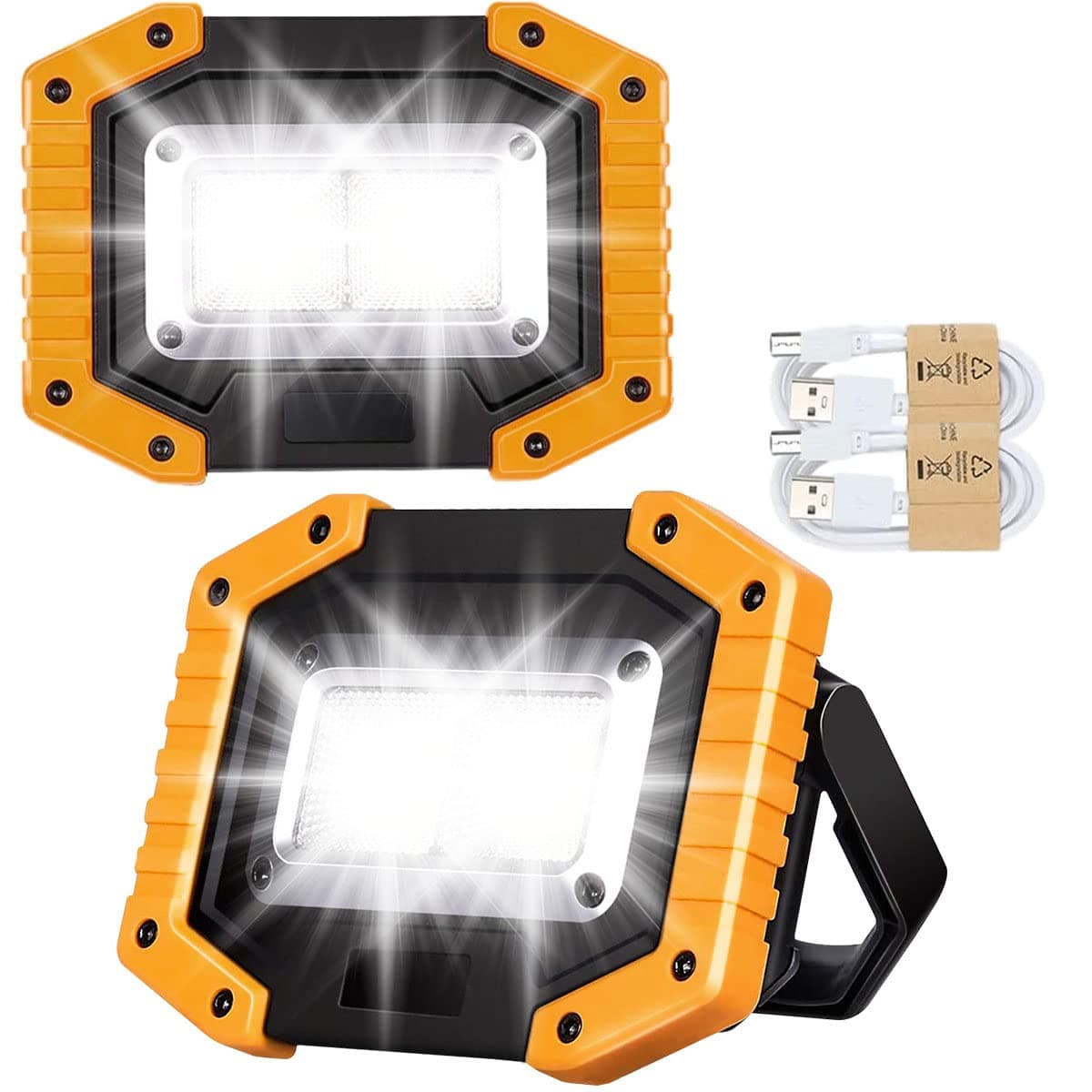 30W LED Work Light Rechargeable COB Floodlight Super Bright 2000LM Portable Light Outdoor USB Battery Security Light Waterproof for Camping Fishing Hiking Car Garage, 2 Packs