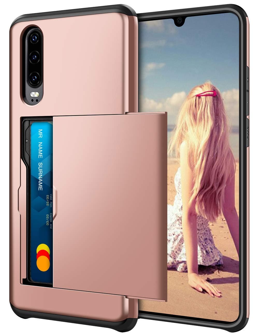 for Huawei P30 Case Wallet Case Armor Shockproof Protective Case Heavy Duty Hard Back Rubber Bumper Card Holder Slot Wallet Case Cover for Huawei P30 Phone Case (Rose Gold)