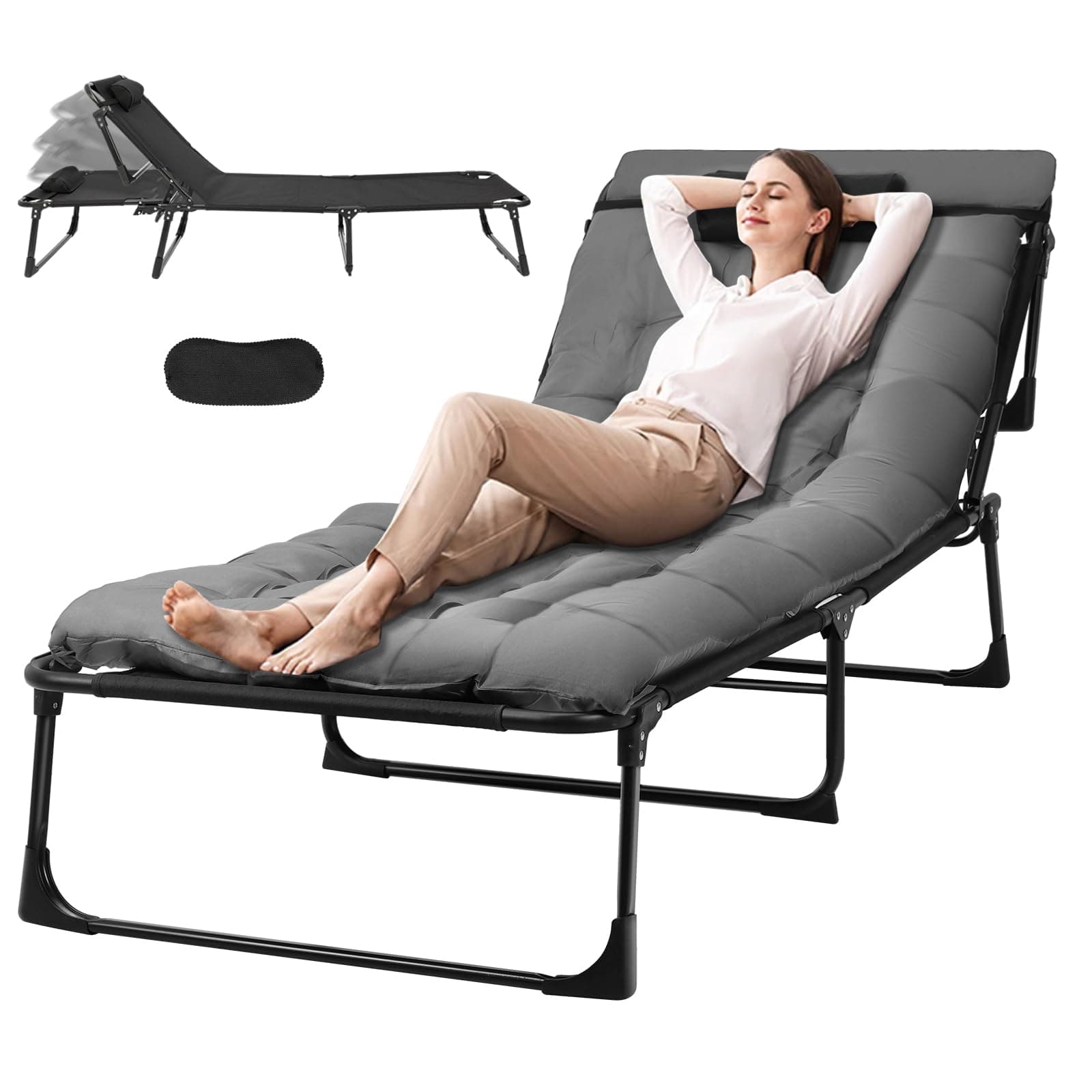 LING RONG Folding Camping Cot ，Adjustable 4+2-Position Folding Cot with Cozy Mattress ，Pillow and Eye mask，Equipped with Double-Layer Oxford Fabric Cushions Camping Cots for Adults (1)